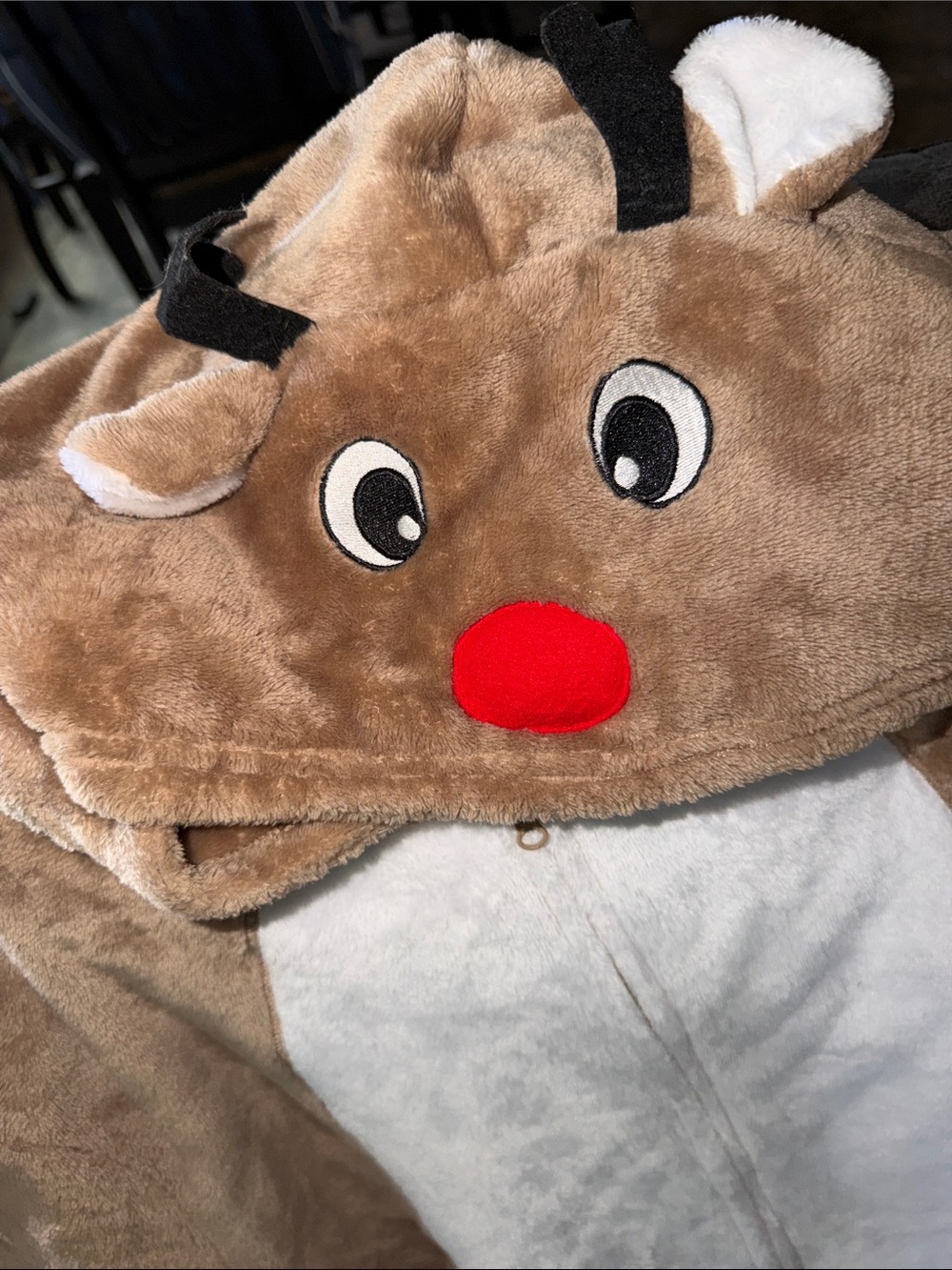 Reindeer Plush Hooded Onesie - Brown with Red Nose